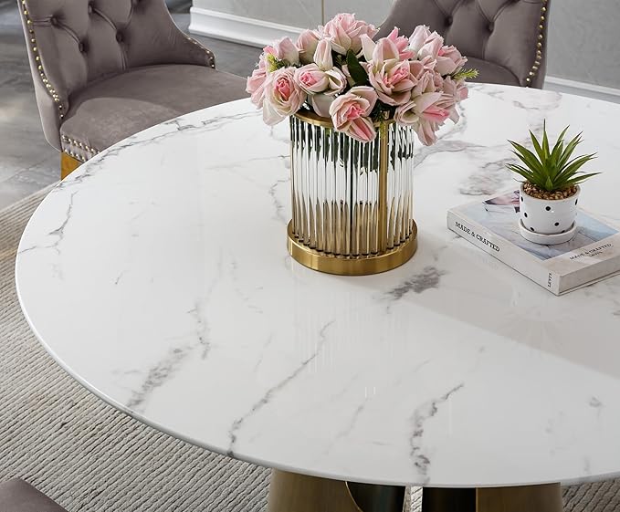 7-Piece Faux Marble Round Dining Table Set for 6, Modern Luxury Kitchen Table Set for 6 with Beige Tufted Chairs,Circle Dining Tables with White Marble Grain Top and Bronze Pedestal Base