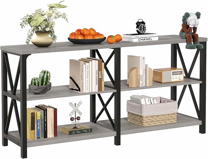 LVB Industrial Entryway Table, Farmhouse Rustic Console Table Behind Couch, Long Metal Wooden Sofa Table with Storage Shelf, Modern Foyer Hallway for Living Room Bedroom, Light Grey Oak, 63 in