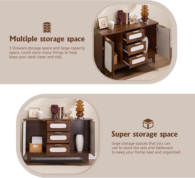 CANMOV Mid Century Modern Living Room Table Sets, Includes TV Console for 60-70 inch TV, 39 inch Coffee Table and 47" Buffet Cabinet with Storage for Bedroom, Living Room (Walnut)