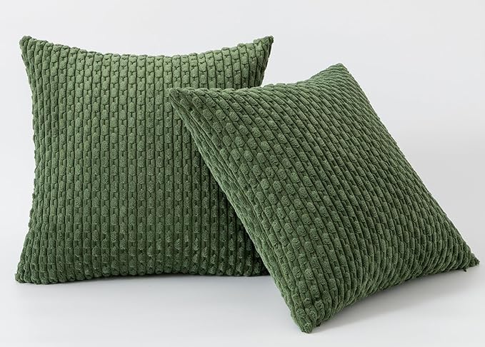 Kevin Textile Throw Pillow Covers Soft Corduroy Decorative Set of 2 Boho Striped Pillow Covers Pillowcases Farmhouse Home Decor for Couch Bed Sofa Living Room 16x16 Inch Moss Green