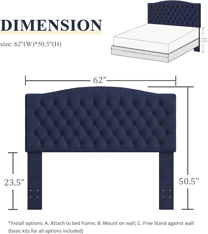 Queen Headboard Only, Upholstered Headboard for Adjustable Bed Linen Tufted Queen/Full Size Wall Mounted Head Board with Solid Wood Legs Head Board, Navy Blue