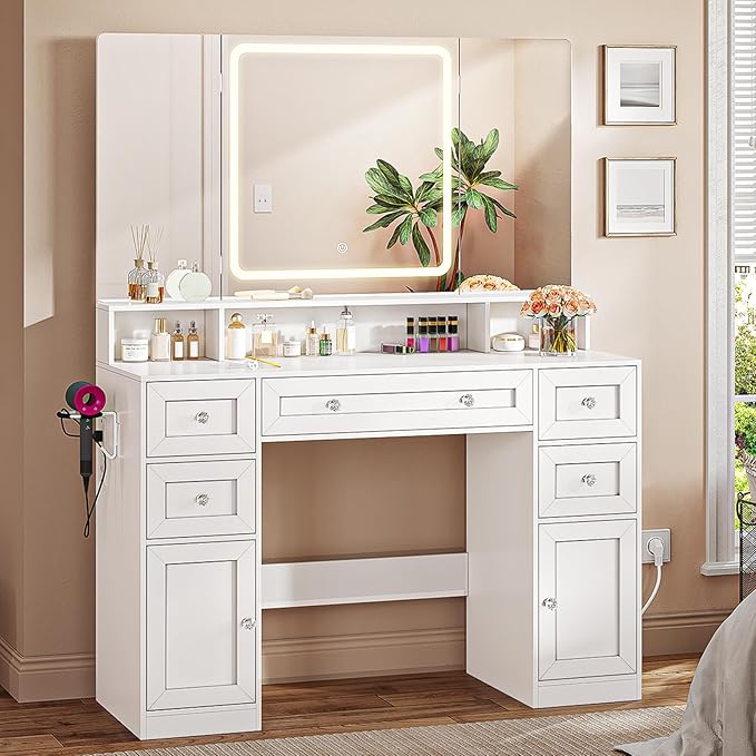 Vanity Desk with Mirror and LED Light, Makeup Vanity with Trifold Mirror and Charging Station, 5 Drawers for Storage, White Modern Vanity Table with Hidden Jewelry Hook for Bedroom, Women Girls