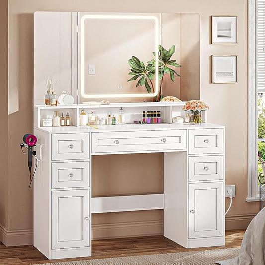 Vanity Desk with Mirror and LED Light, Makeup Vanity with Trifold Mirror and Charging Station, 5 Drawers for Storage, White Modern Vanity Table with Hidden Jewelry Hook for Bedroom, Women Girls