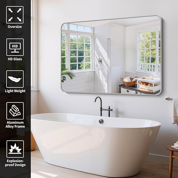 60x40 Inch Silver Bathroom Mirror, Large Rectangle Mirror, Metal Framed Rectangular Vanity Mirror, Rounded Corner Wall Mounted Mirror for Living Room Bedroom Entryway Horizontal or Vertical