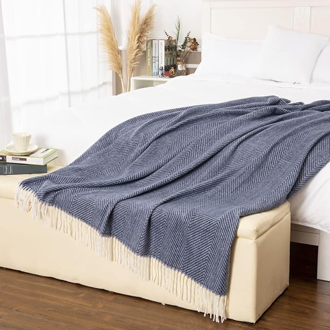 Gealaek Decorative Herringbone Faux Cashmere Throw Blanket Navy Blue Cheveron Fringe Lightweight Fuzzy Soft Cozy Throws for Sofa Bed Farmhouse Throw Blanket 50" x 60"