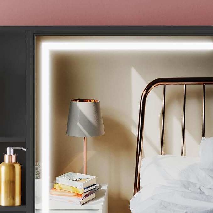 Vanity Desk with Mirror and Lights,47" Vanity Table with 9 Drawers, 10 Open Shelves, Makeup Vanity with HD Lighted Mirror for Bedroom, Brightness Adjustable, Makeup Storage (Black, A Panel)