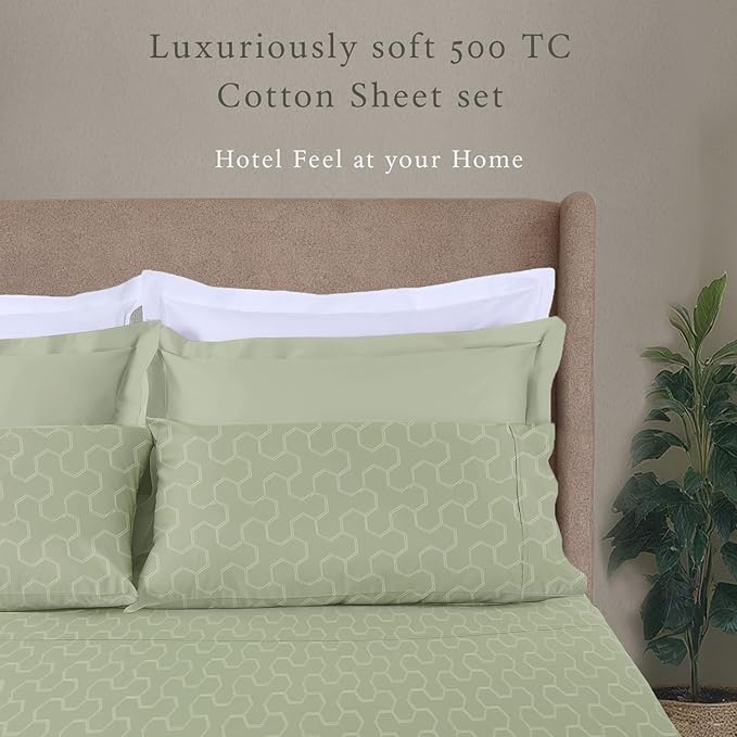 Threadmill 500 Thread Count Queen Size 4 Pc Luxury Cotton Bedding Set, Jacquard Floria Sage Green, Silky Smooth Sheets with 16" Elasticized Deep Pocket, 2 Pillowcases & Free Tote Bag