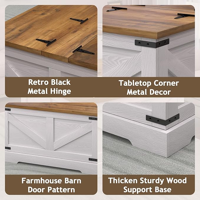 Farmhouse Coffee Table with Hidden Storage Compartment, White Square Coffee Table for Living Room, Wood Center Table with Hinged Lifting Tabletop for Home