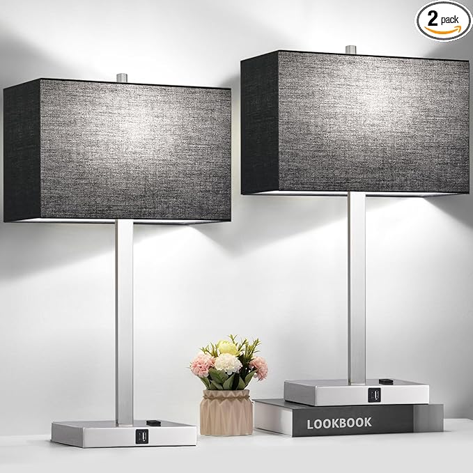 21" Touch Bedside lamps with 2 USB & AC Outlets, 3-Way Dimmable Bedside Table Lamps Set of 2 for Bedroom Living Room Office Reading, Black Shade Lamps for Night Stands, 5000K LED Bulbs Included