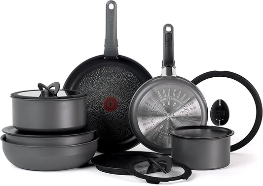 T-fal Ingenio Expertise Non Stick Cookware Set 14 Piece, Induction, Oven Broiler Safe 500F, Detachable/Removable Handle, Kitchen, Cookware, Pots and Pans, RV, Camping, Fry Pans, Dishwasher Safe, Gray