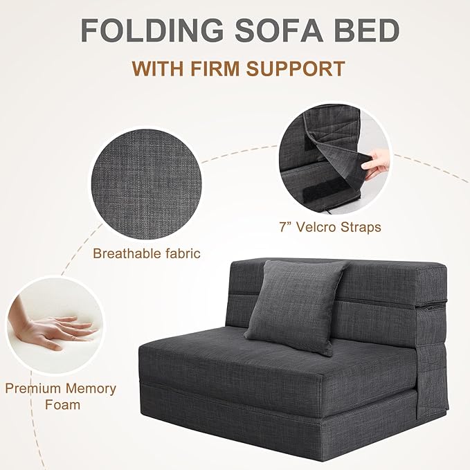 Fold Sofa Bed Couch Twin Size with Pillow Memory Foam Convertible Sleeper Chair Bed Futon Lazy for Living Room/Home Office/Guest Beds/Apartment/Upstairs Loft,Dark Gray