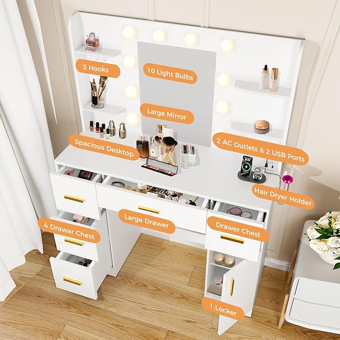 45” Vanity Desk with Mirror and Lights,10 Lights 3 Color Modes,Makeup Vanity Desk with 4 Storage Shelves 5 Drawers 1 Cabinet and Power Outlet,for Bedroom & Dressing Room,White vanitys