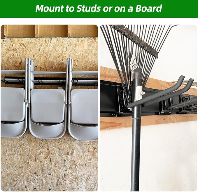 Garage Organization, Garage Wall Organizer with 48 inches Rails and 6 Hooks, Tool Organizers Heavy Duty, Shovel Holder Wall Mount Max Load 360 LBS, Sturdy Garden Tool Rack for Folding Chairs