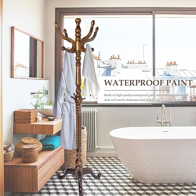 Wood Coat Rack Freestanding, Natural Coats Tree Stand with 11 Hooks, 74.8" Sturdy and Easy Assembly Coat Rack Stand for Entryway, Hallway, Bedroom, Bags, Hats (Tri-legged Base, Walnut)