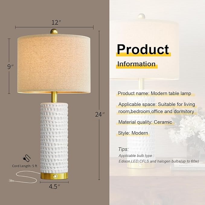 PORTRES 24" Modern Ceramic Table Lamp Set of 2 for Living Room Gold Bedside Lamps with USB A+C Charging Ports for Bedroom Farmhouse Nightstand Lamp 3-Way Dimmable Touch End Table Lamps