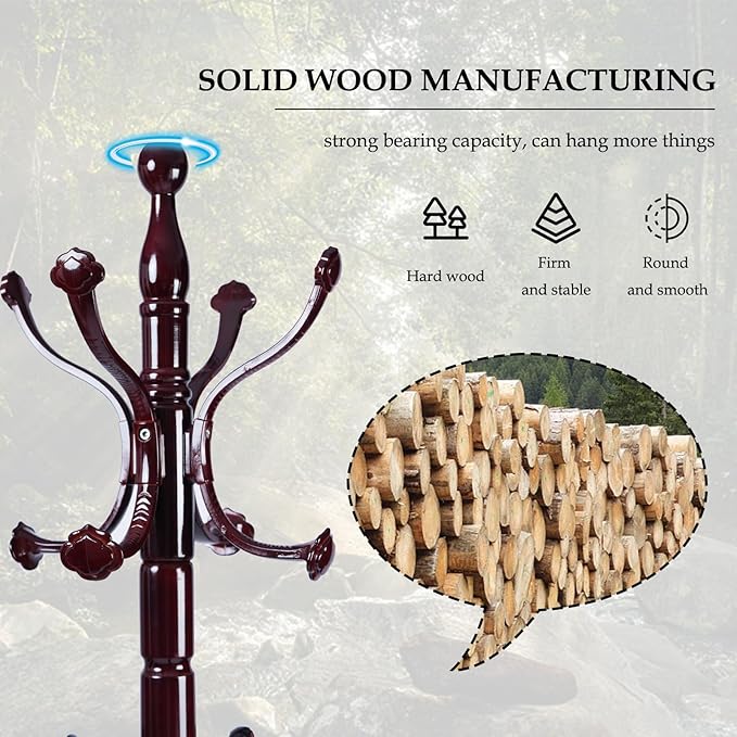Wood Coat Rack Freestanding, Natural Coats Tree Stand with 14 Hooks, 73" Sturdy and Easy Assembly Coat Rack Stand for Entryway, Hallway, Bedroom, Bags, Hats (Heavy-duty Disc Base, Lucky Curve)