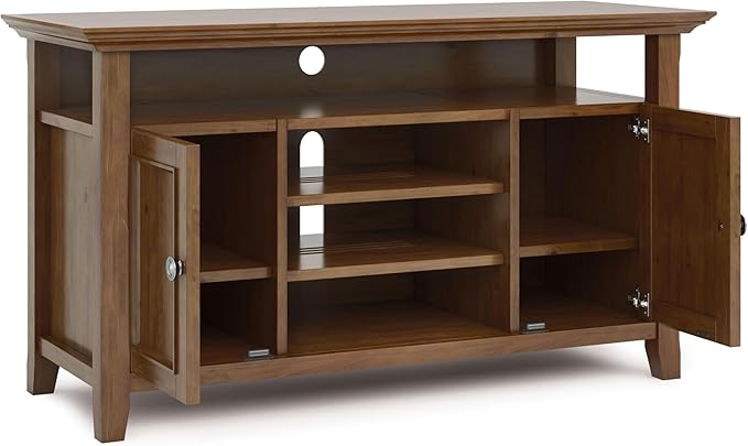 SIMPLIHOME Amherst 54-inch Wide Solid Wood TV Stand in Medium Saddle Brown, Transitional-Style Media Console for Living Room with Adjustable Shelves and Cable Management