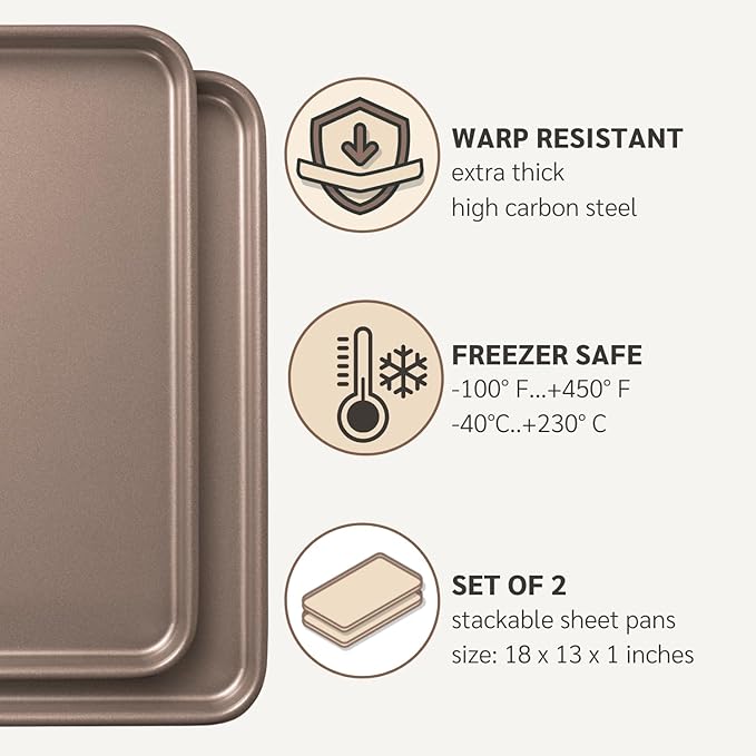 Nonstick Non-Toxic 18-inch Half Baking Sheet 2-Pack | Premium Extra Thick Sheet Pan | Warp Resistant Large Cookie Sheet