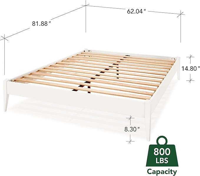 Bme Dinkee Signature Ivory White Queen Bed Frame Without Headboard - Modern & Minimalist Style with Acacia Wood - 12 Strong Wood Slat Support - Easy Assembly - No Box Spring Needed