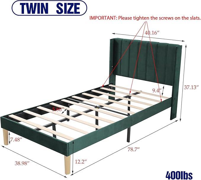 Upholstered Platform Twin Size Bed Frame with Headboard Wooden Slats Support No Noise Easy Assembly Green Velvet