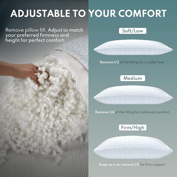 COZSINOOR Cooling Pillows Queen Size Set of 2 for Sleeping - Adjustable Shredded Memory Foam Pillows 2 Pack, Cool Pillow for Back, Side and Stomach Sleepers, Bed Pillow Removable Cover Washable
