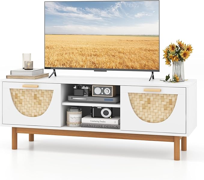 Tangkula White TV Stand for 55 Inch TVs, Mid Century Modern Entertainment Center with 2 Drawers & Bamboo Woven Fronts, Solid Wood Legs, Boho TV Console Table for Living Room (White, 47.5”, for 55"TV)