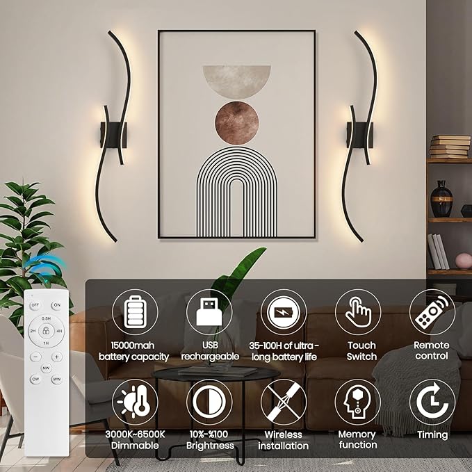 Battery Operated Wall Sconce Set of 2, 18000mAh Black Rechargeable Wall Lights with Remote Control,3000K-6000K Dimmable LED Wireless Wall Light for Living Room Bedroom Hallway,39.3 Inch (Black)