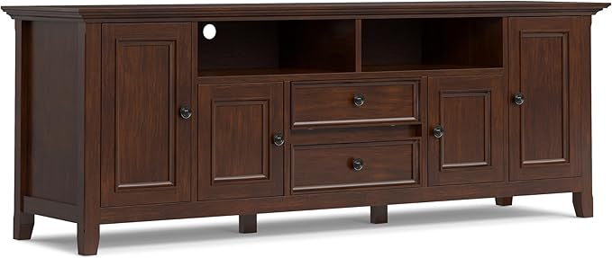 SIMPLIHOME Amherst 72-inch Wide Solid Wood TV Stand in Russet Brown, Transitional-Style Media Console for Living Room with Cable Management and Adjustable Shelves, Fits 80" TVs