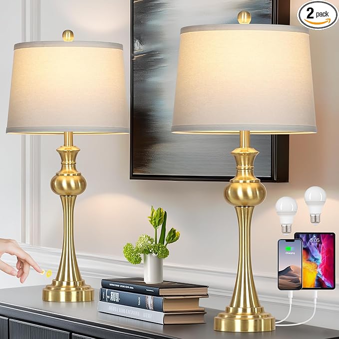 28.75" Modern Table Lamps Set of 2, Gold Bedside Lamp with USB A+C & AC Outlet,Brass Unique Desk Lamps for Living Room, Bedroom, Nightstand, End Table (2 Bulbs Included)