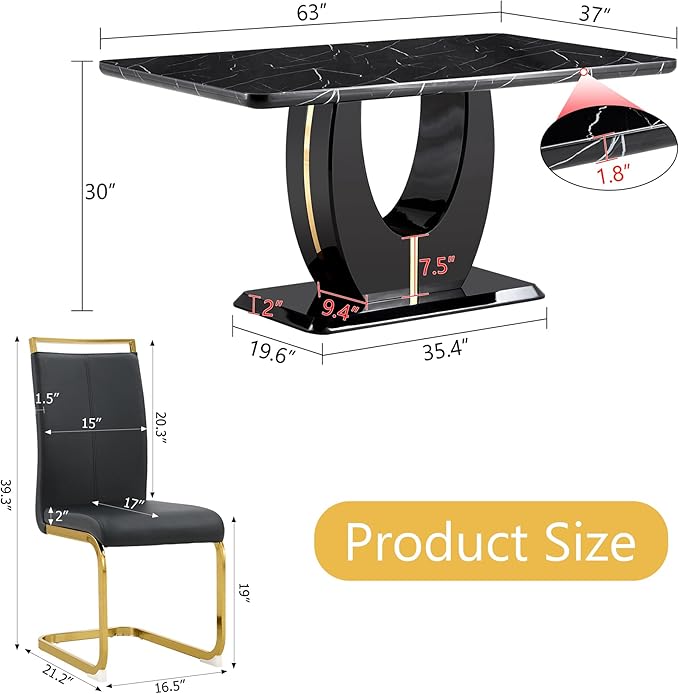 Dining Table Set for 4, Kitchen Table Chairs Set of 4, Modern Dining Room Set with 63 inch Marble Dinner Table PU Leather Upholstered Chairs for Dining Room Kitchen