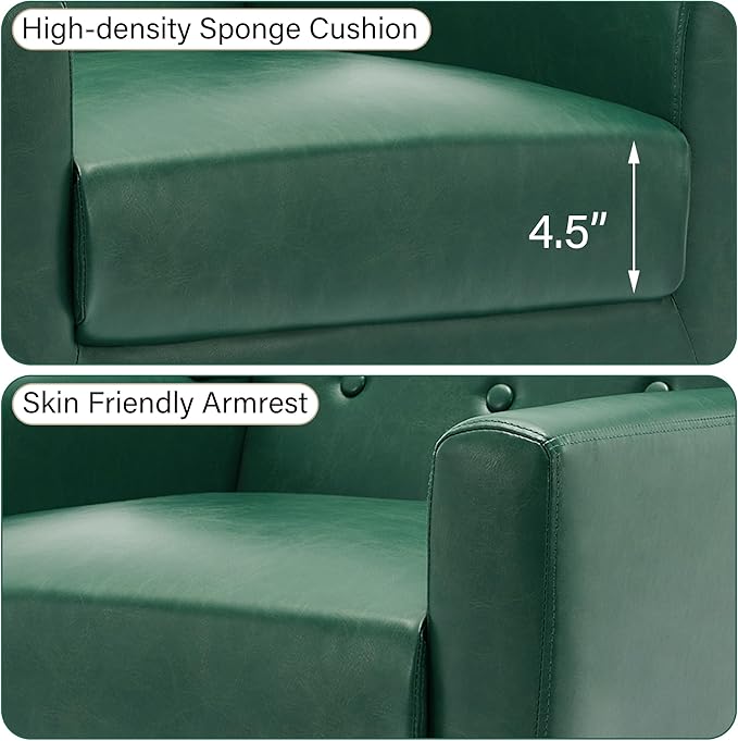 Accent Chair, Mid-Century Modern PU Leather Chairs with Arms for Living Room, Comfy Upholstered Club Single Sofa Armchair for Bedroom Waiting Room with Solid Wood Frame（Leather Green, Set of 2