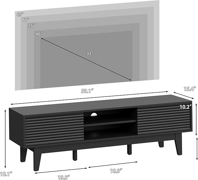 Fluted TV Stand for 55 65 Inch TV, Mid Century Modern Entertainment Center with Shelves, Cabinets & Sliding Doors, TV Media Console Table with Wood Feet & Cord Holes for Living Room, Bedroom, Black