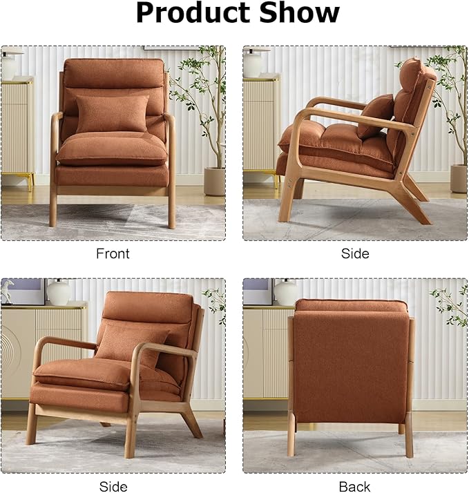 Phoenix Home Accent Chair Mid Century Lounge Chair PU Leather, Upholstered Reading Armchair with Lumbar Pillow & Solid Wood Frame for Office, Living Room Bedroom, Balcony, Brown