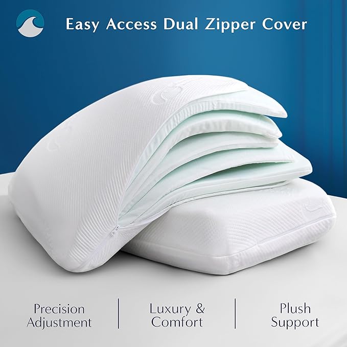 Bluewave Bedding Versalayer Adjustable Memory Foam Bed Pillow - 16 Height Adjustments from 0.75 to 5 Inches - for Stomach, Back, and Side Sleepers (King)