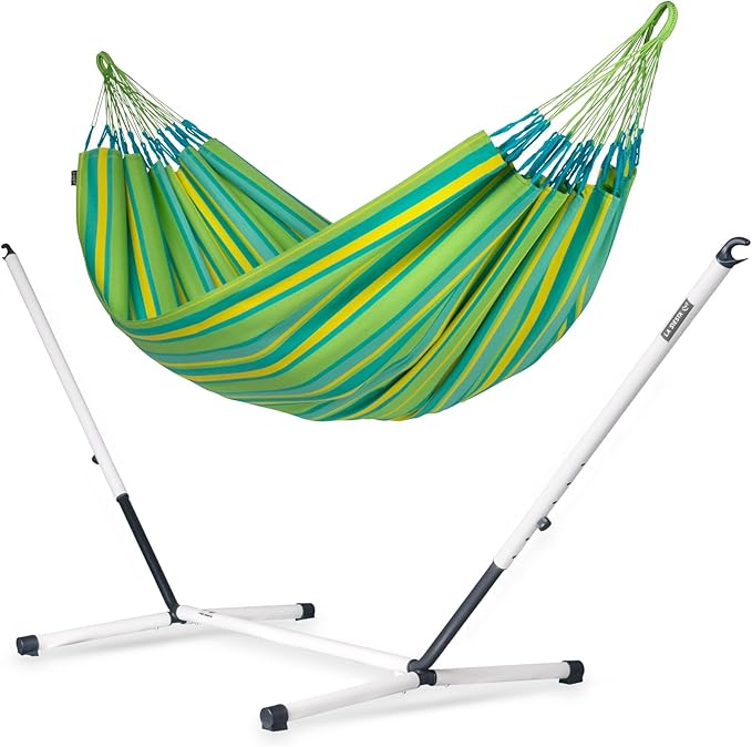LA SIESTA® - Large Double Brisa Classic Hammock & Nautico Steel Stand - Weather & Tear Resistant Portable Hammock w/Stand - Balcony Porch Garden Outdoor Indoor Hammock - 2-Person Max 355 Lbs, Lime