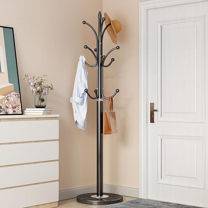 Black Coat Rack Freestanding, Metal Coat Hanger Stand, High-grade Entryway Hat Tree Coat Rack Stand with 12 Hooks & Natural Marble Base