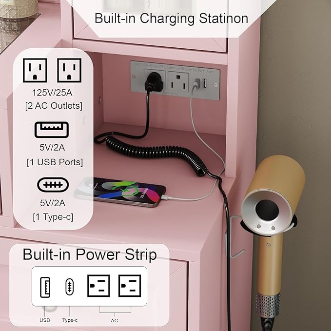 Pink Vanity Desk with Illuminated Mirror & Power Outlet,Vanity with RGB Light Strip and 12 LED Lights,Vanity Table with Chair,Set 3 Lighting Modes Brightness Adjustable