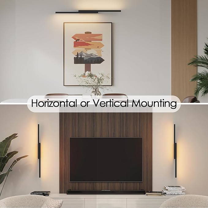 Aipsun 23.6inch Black Battery Operated Wall Sconce Set of 2, Rechargeable Wall Sconce Lighting Dimmable Wireless Wall Lights for Living Room,Bedroom