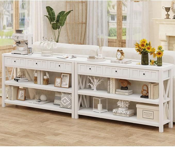 FATORRI Console Table for Entryway, Wood and Metal Sofa Table with 3 Drawers for Living Room, Farmhouse Hallway Tables and Modern Couch Tables Behind Sofa (54.72 Inch Long, White Oak)