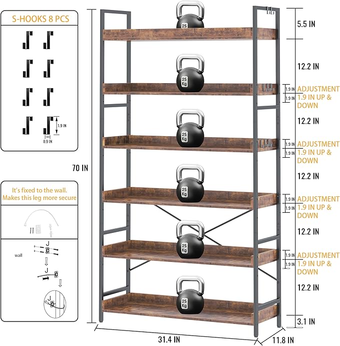 HCHQHS Bookshelf, Adjustable Industrial Bookcase, Vertical Tall Book Shelf, Wood and Black Metal Open Bookshelves for Home Office, Living Room, Bedroom (Rustic Brown, 6-Tier (31" W x 70" H))