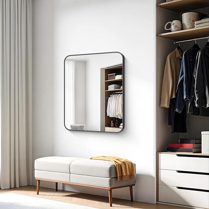 Bathroom Mirror, 36 x 30 inch Metal Framed Black Rectangle Mirror, Rounded Corner Rectangular Vanity Mirror, Wall Mounted Mirror for Modern Bedroom Living Room Hangs Horizontal or Vertical