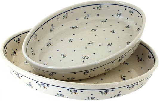 Blue Rose Polish Pottery - Off-white Country Meadow Oval Baker Set - 2 Bakers - Unique, Dishwasher Safe, & Durable Bakeware