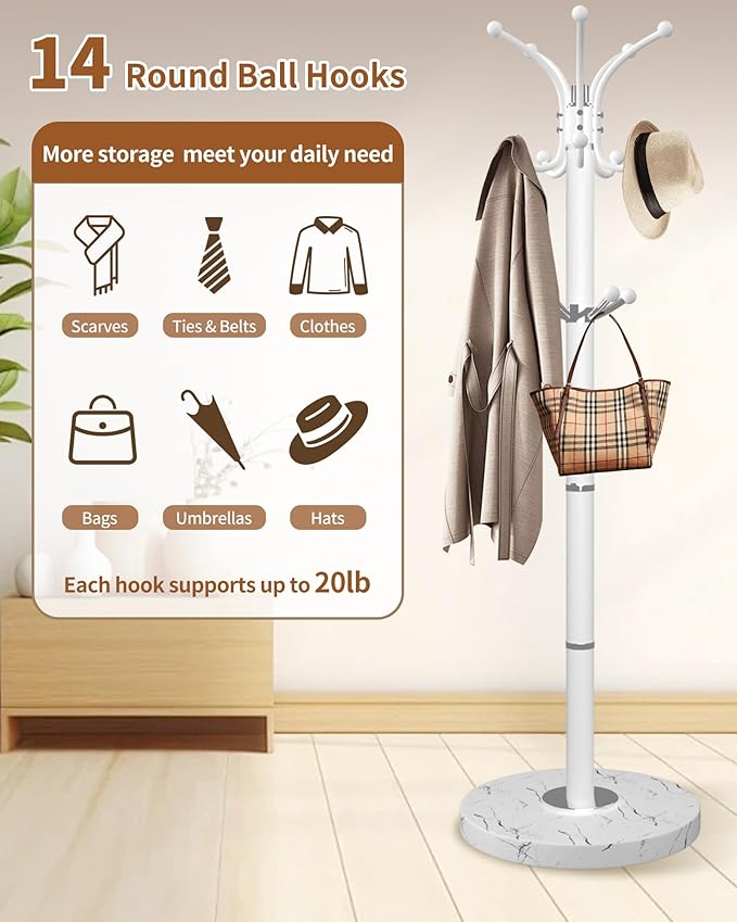 Metal Coat Rack with Natural Marble Base,360°Rotary Coat Rack Stand with 14 Hooks,Modern Freestanging Coat Racks for Entryway,Office,White Coat Jacket Hanger Tree Stand for Coats, Scarves