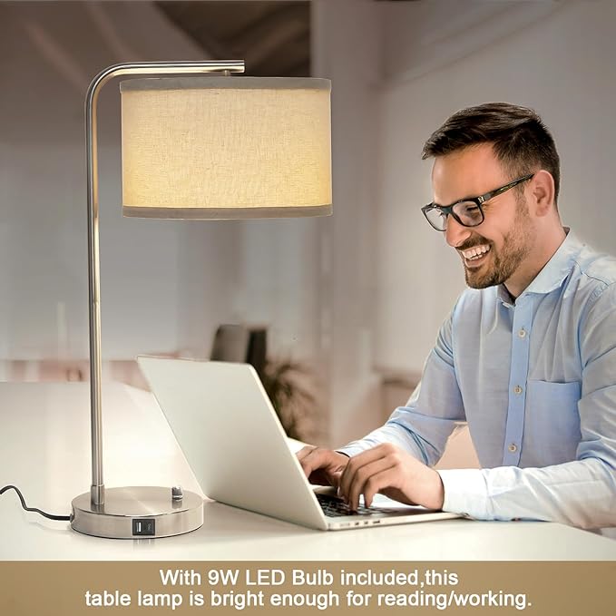 Table Lamp for Living Room, Modern Bedside Lamp with USB C+A Ports, Fully Dimmable Nightstand Lamp with Beige Drum Shade, Silver Finish Side Table Lamp for Bedroom Office, 3000K LED Bulb Included