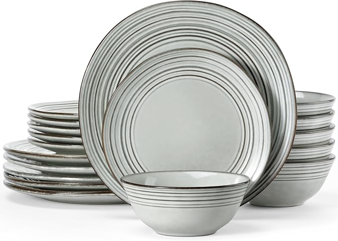 Famiware Plates and Bowls Sets 18-Piece Stoneware Dinnerware Sets, Dishes Set for 6, Hand-made Reactive Glaze Dish Set, Twilight Series, Ashy Blue