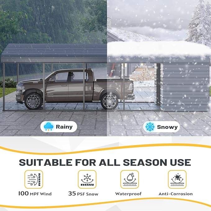 EROMMY 12x25 FT Carport Storage Shed 2-in-1, Heavy Duty Car Port with Galvanized Metal Frame, Base-Reinforced Enclosed Storage Shelter, Extended Coverage for Trucks, Cars & All Vehicles, Gray