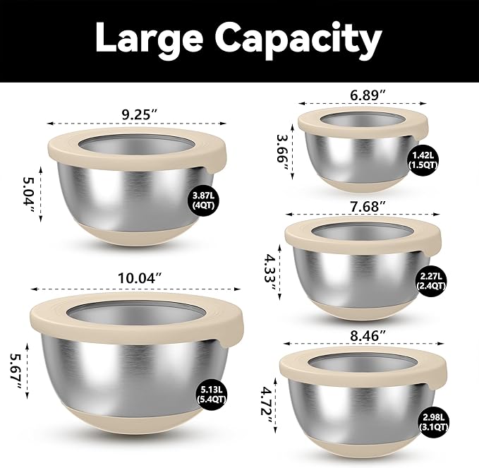 Stainless Steel Mixing Bowls with Lids – Set of 5 Large Nesting Metal Bowls for Kitchen, Baking, Cooking, Food Prep & Storage, Non-Slip Base, Dishwasher Safe,Khaki