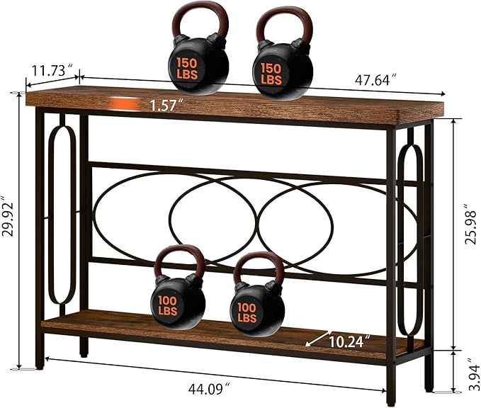 Industrial Console Table for Entryway, Rustic Console Table Behind Couch, 2 Tier Sofa Tables for Home Living Room, Hallway, Entrance, with Metal Frame(48 inches)