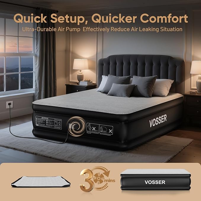 Queen Air Mattress with Built-in Pump,18'' Foam Topper Blow Up Mattress,Luxury Inflatable Mattress 2 Mins Self-Inflation/Deflation - Breathable and Flatness-Free for Camping, Home & Guests