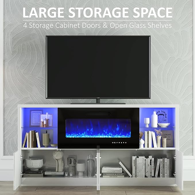 Modern Fireplace TV Stand for TVs up to 75", High Gloss Entertainment Center with 40" Fireplace, 4 Shelves & Storage Cabinets, Media Console Table 68 Inches, Gloss White